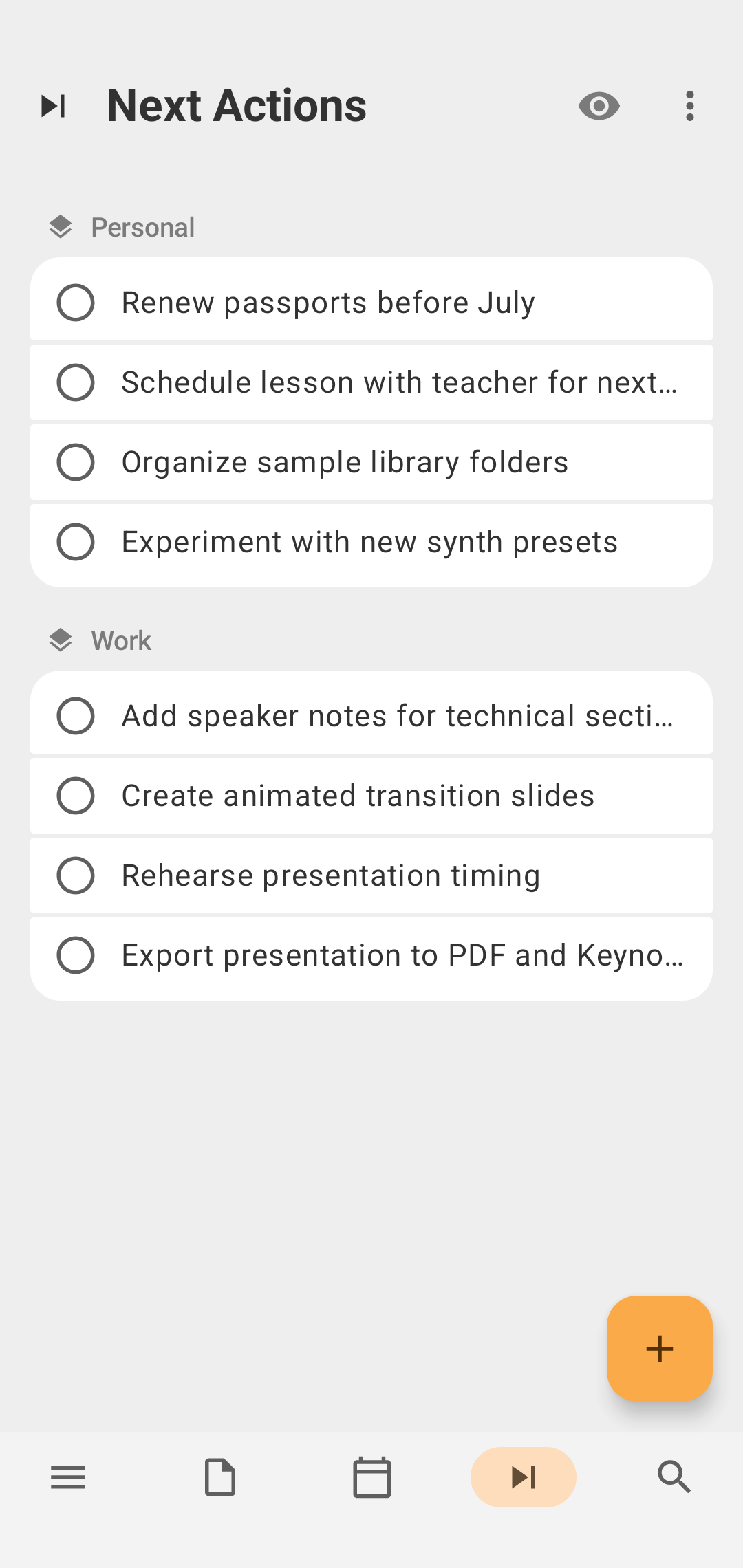 Sortical next actions view on a phone